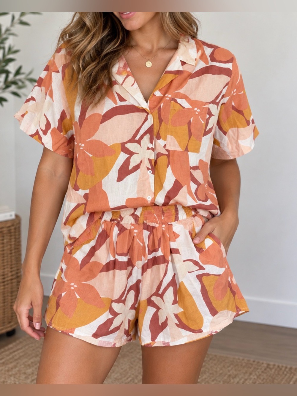 SABO SKIRT Floral Two-Piece Button-Up Shirt & Shorts Set